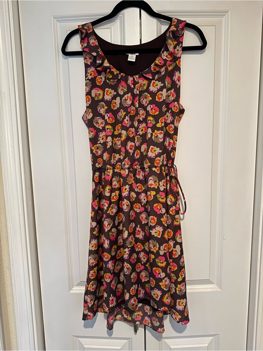 Bar III Brown Floral Midi Dress with Pink & Yellow Blooms